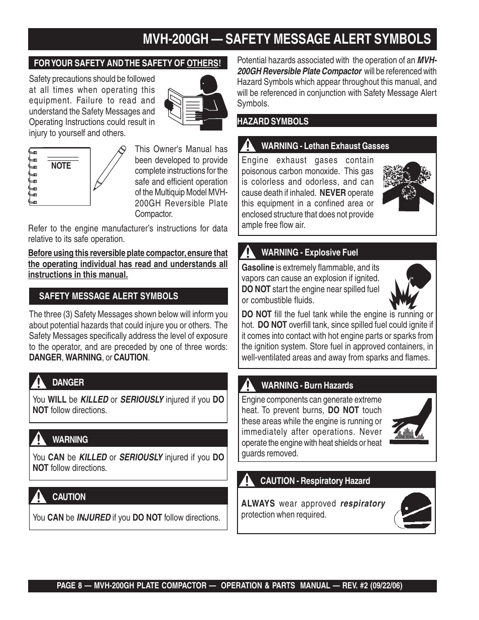 Mvh-200gh — safety message alert symbols | Multiquip MVH200GH User Manual | Page 8 / 82
