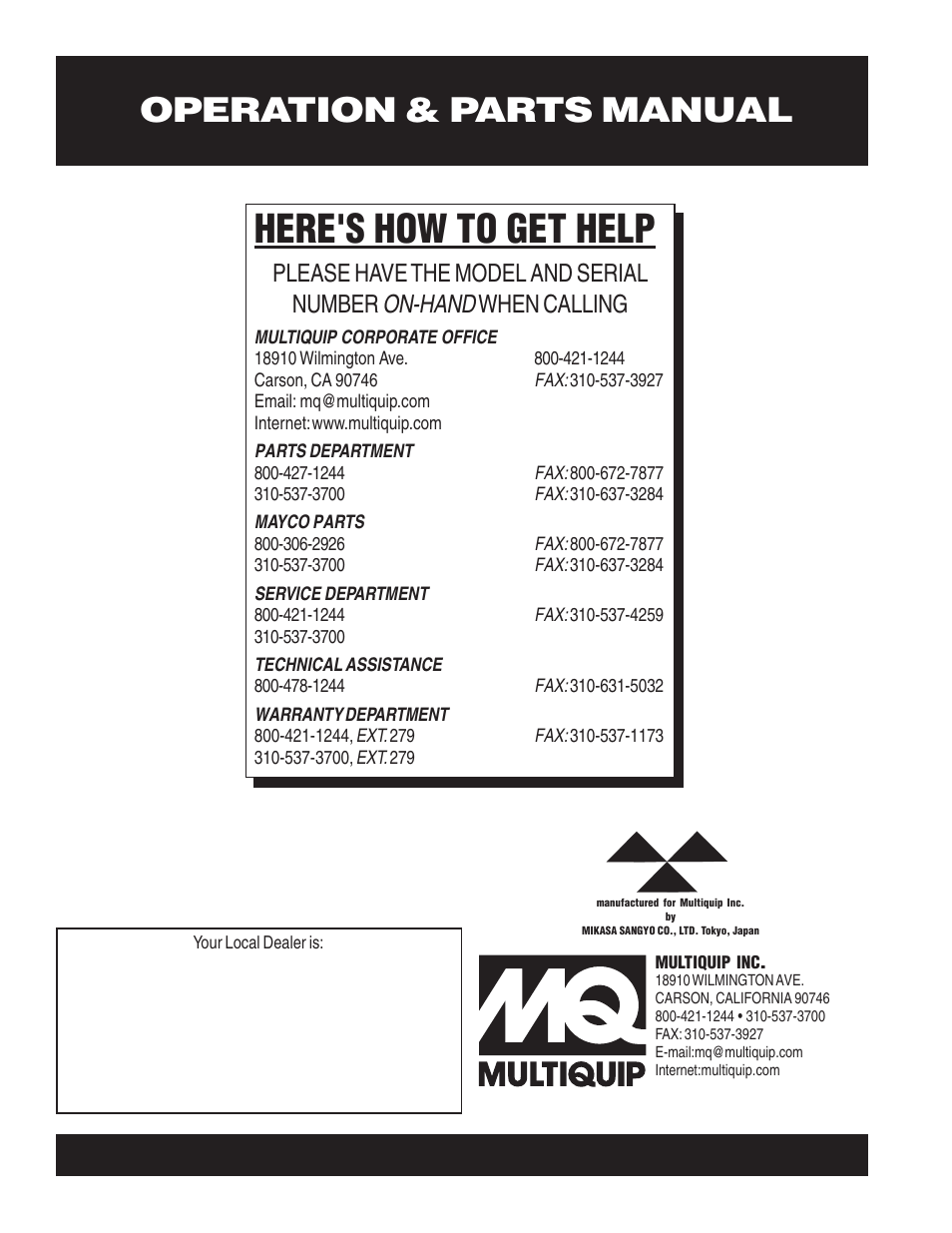 Here's how to get help, Operation & parts manual, On-hand | Please have the model and serial number, When calling | Multiquip MVH200GH User Manual | Page 82 / 82