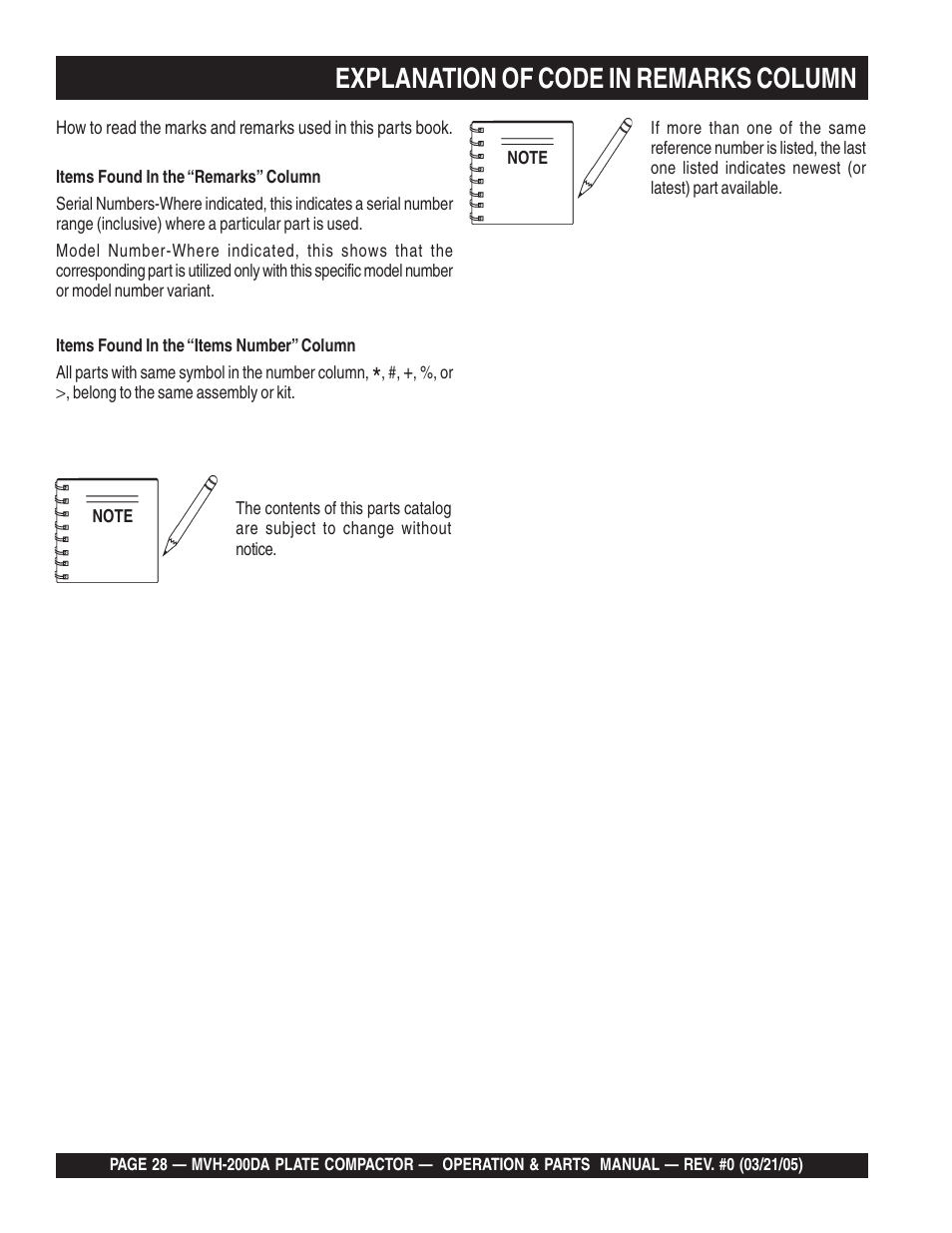 Explanation of code in remarks column | Multiquip MVH200DA User Manual | Page 28 / 64