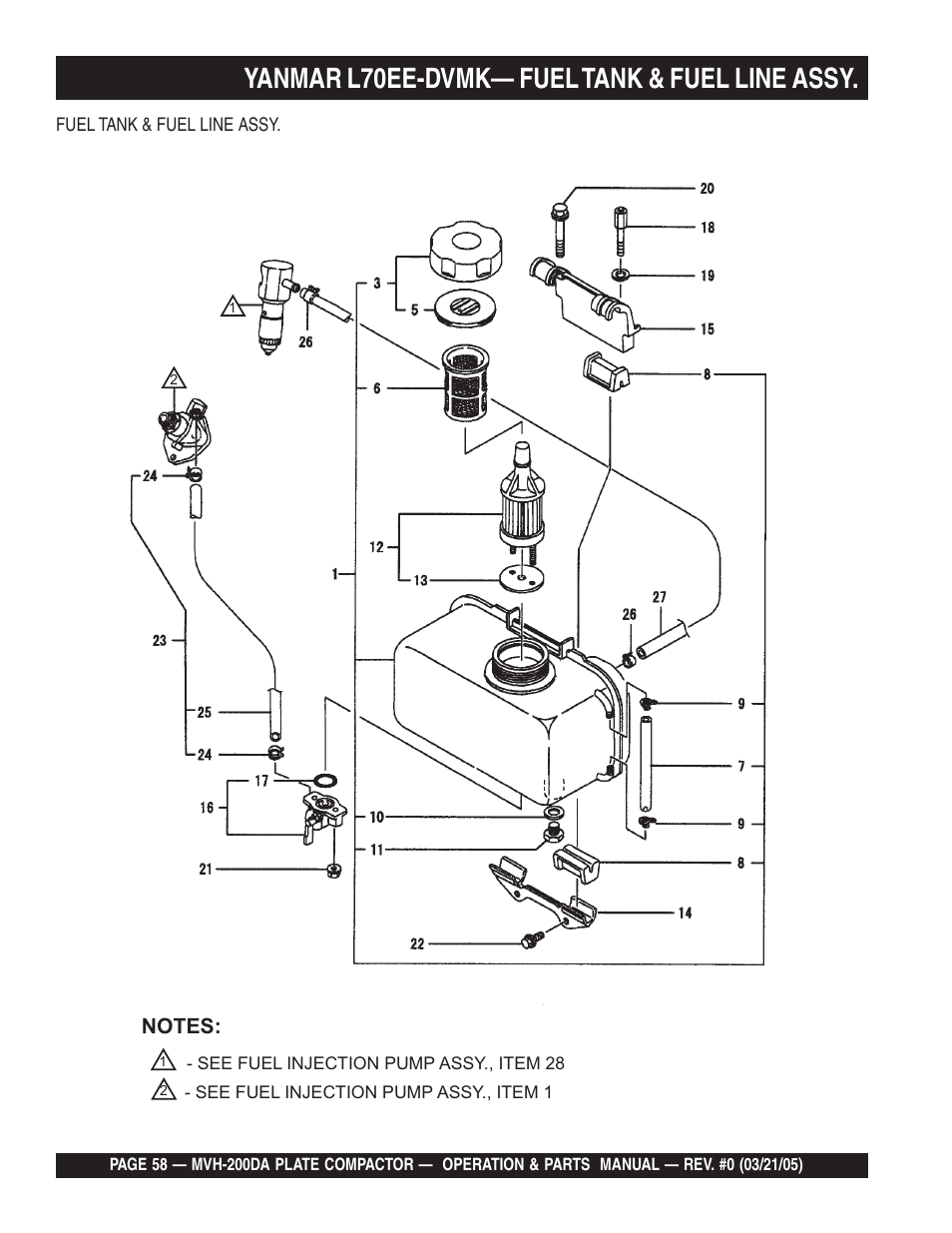 Yanmar l70ee-dvmk— fuel tank & fuel line assy | Multiquip MVH200DA User Manual | Page 58 / 64