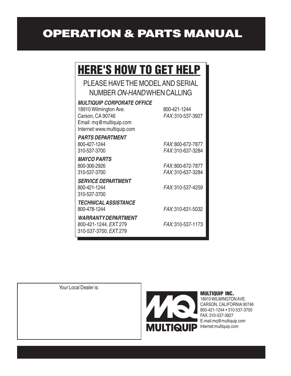 Here's how to get help, Operation & parts manual, On-hand | Please have the model and serial number, When calling | Multiquip MVH200DA User Manual | Page 64 / 64