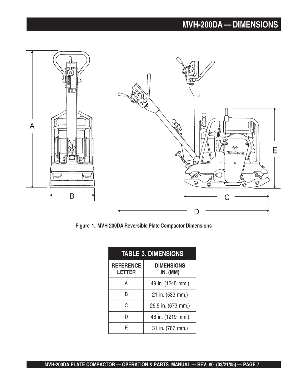 Mvh-200da — dimensions | Multiquip MVH200DA User Manual | Page 7 / 64