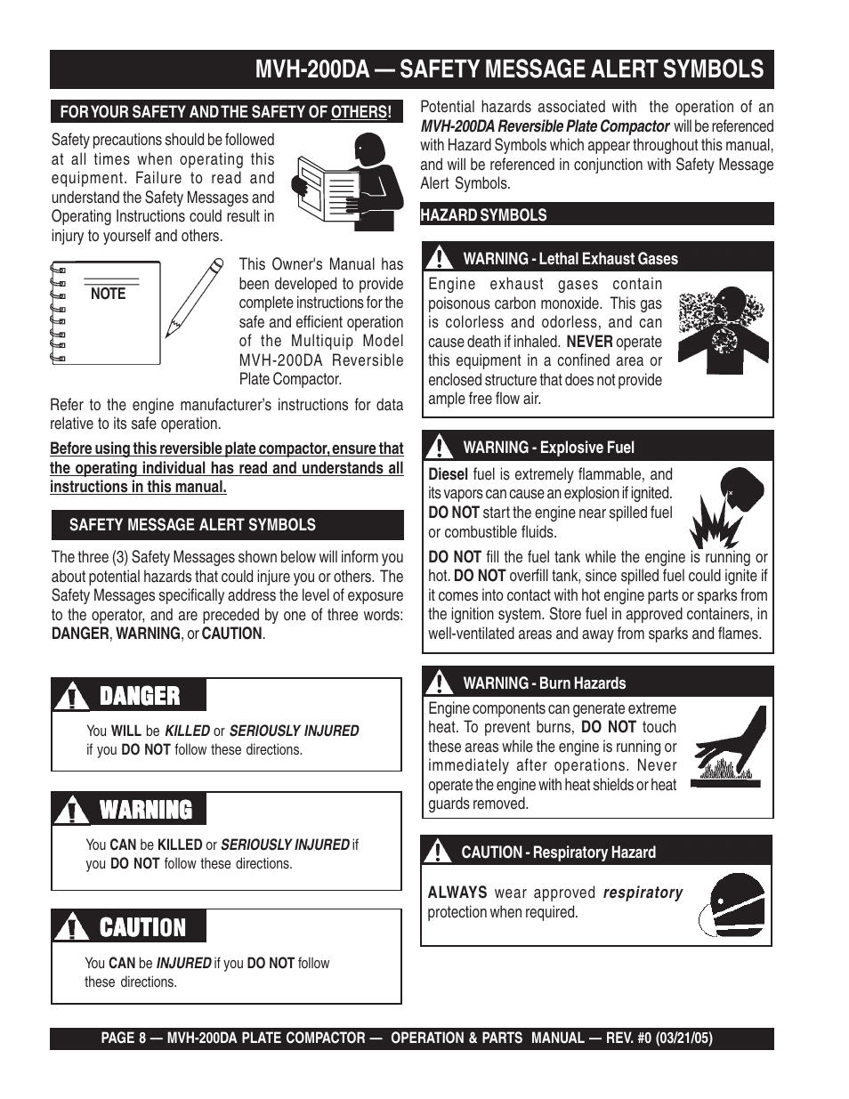 Mvh-200da — safety message alert symbols, Danger, Warning | Cauti, Cauti caution | Multiquip MVH200DA User Manual | Page 8 / 64
