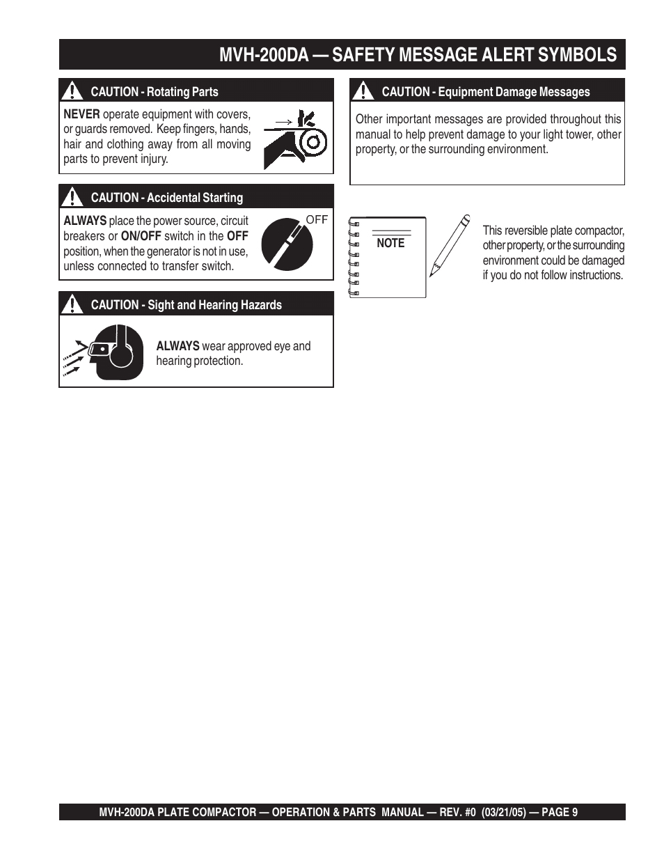 Mvh-200da — safety message alert symbols | Multiquip MVH200DA User Manual | Page 9 / 64