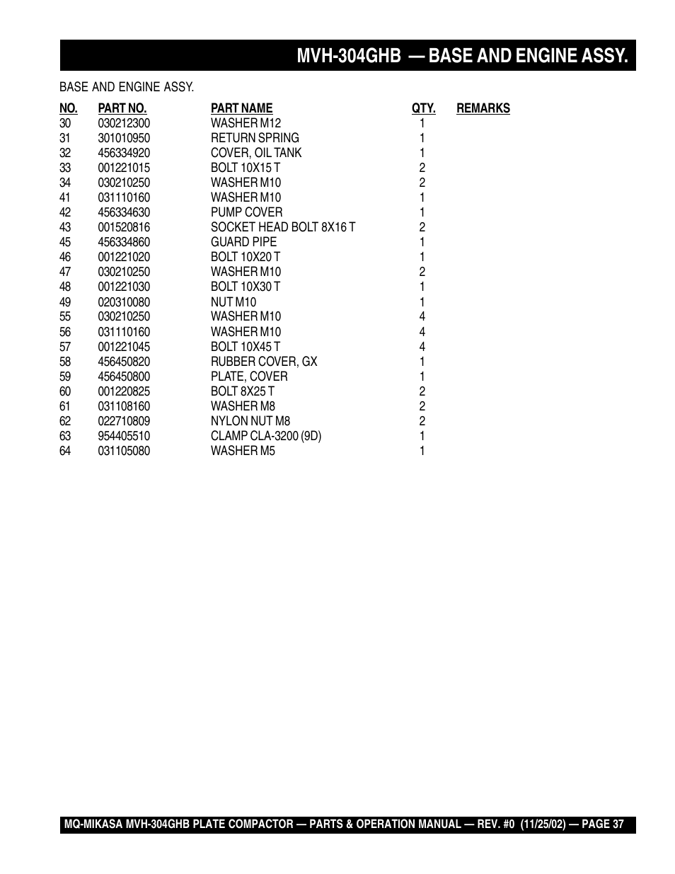 Mvh-304ghb — base and engine assy | Multiquip MVH304GHB User Manual | Page 37 / 82