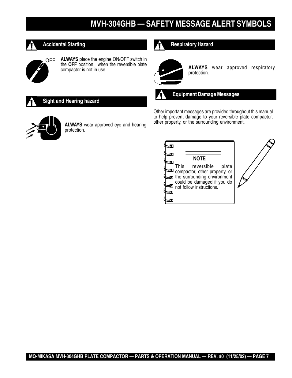 Mvh-304ghb — safety message alert symbols | Multiquip MVH304GHB User Manual | Page 7 / 82