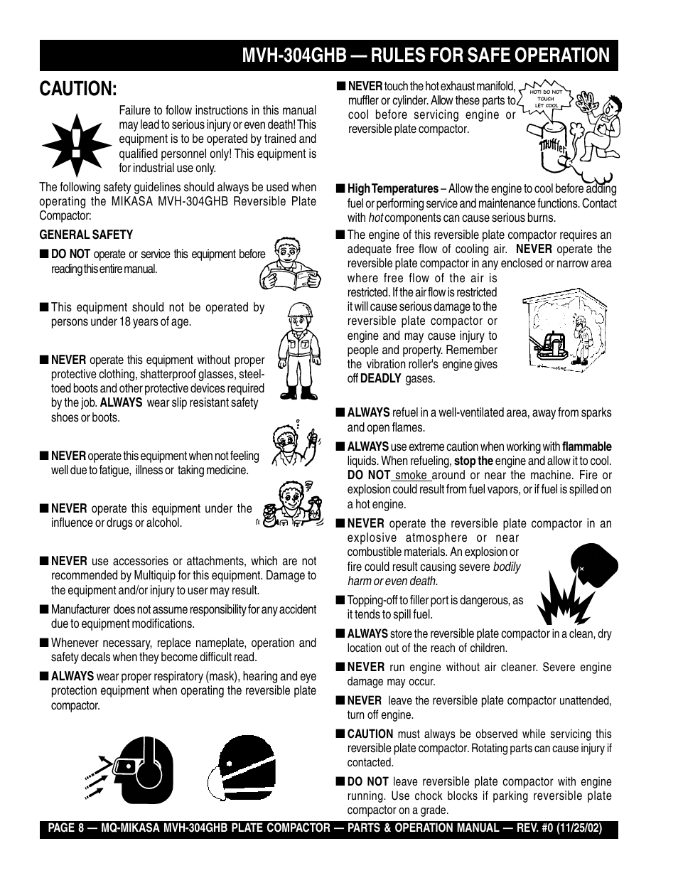 Mvh-304ghb — rules for safe operation, Caution | Multiquip MVH304GHB User Manual | Page 8 / 82