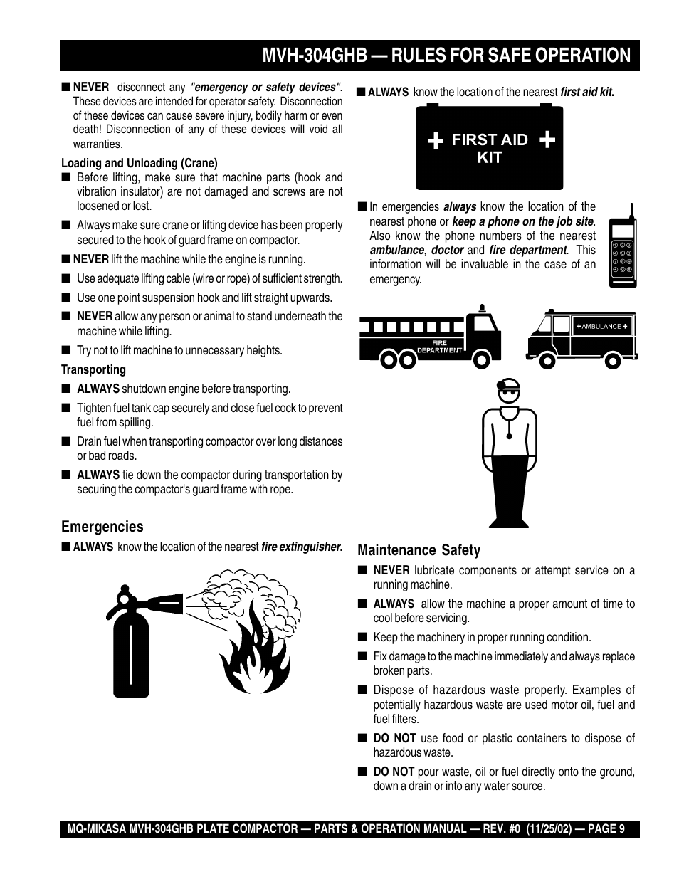 Mvh-304ghb — rules for safe operation, Maintenance safety, Emergencies | Multiquip MVH304GHB User Manual | Page 9 / 82