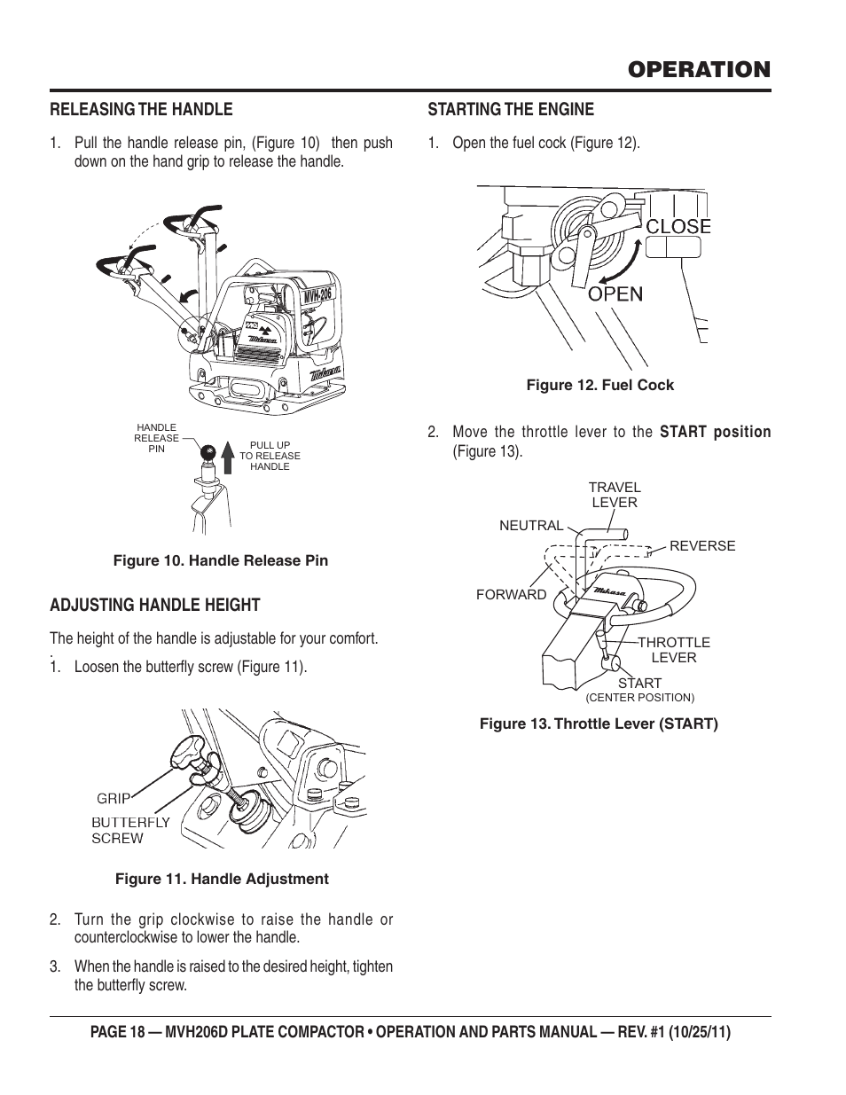 Operation, Releasing the handle, Adjusting handle height | Starting the engine | Multiquip MVH206D User Manual | Page 18 / 72