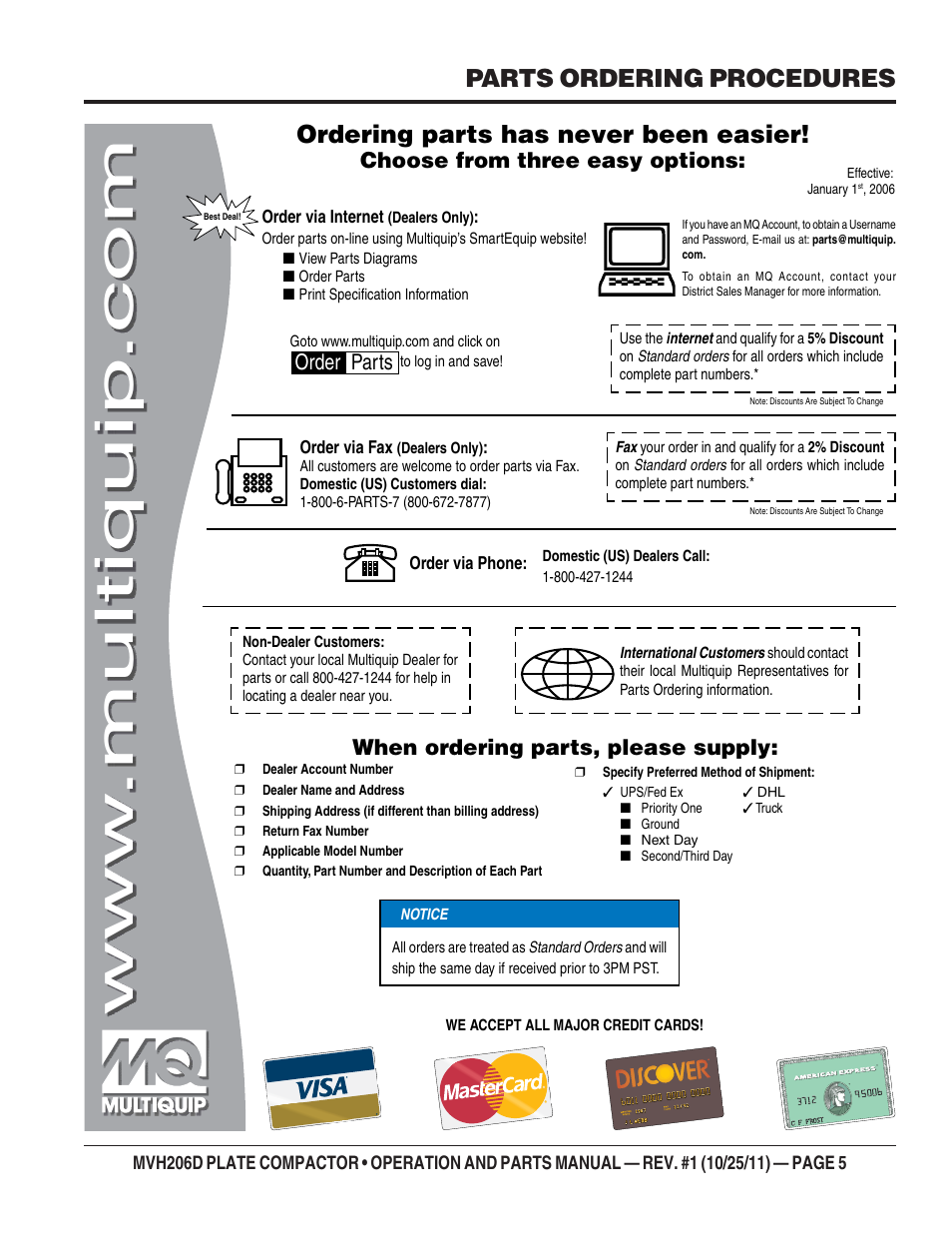 Parts ordering procedures, Ordering parts has never been easier, Choose from three easy options | When ordering parts, please supply, Order parts | Multiquip MVH206D User Manual | Page 5 / 72