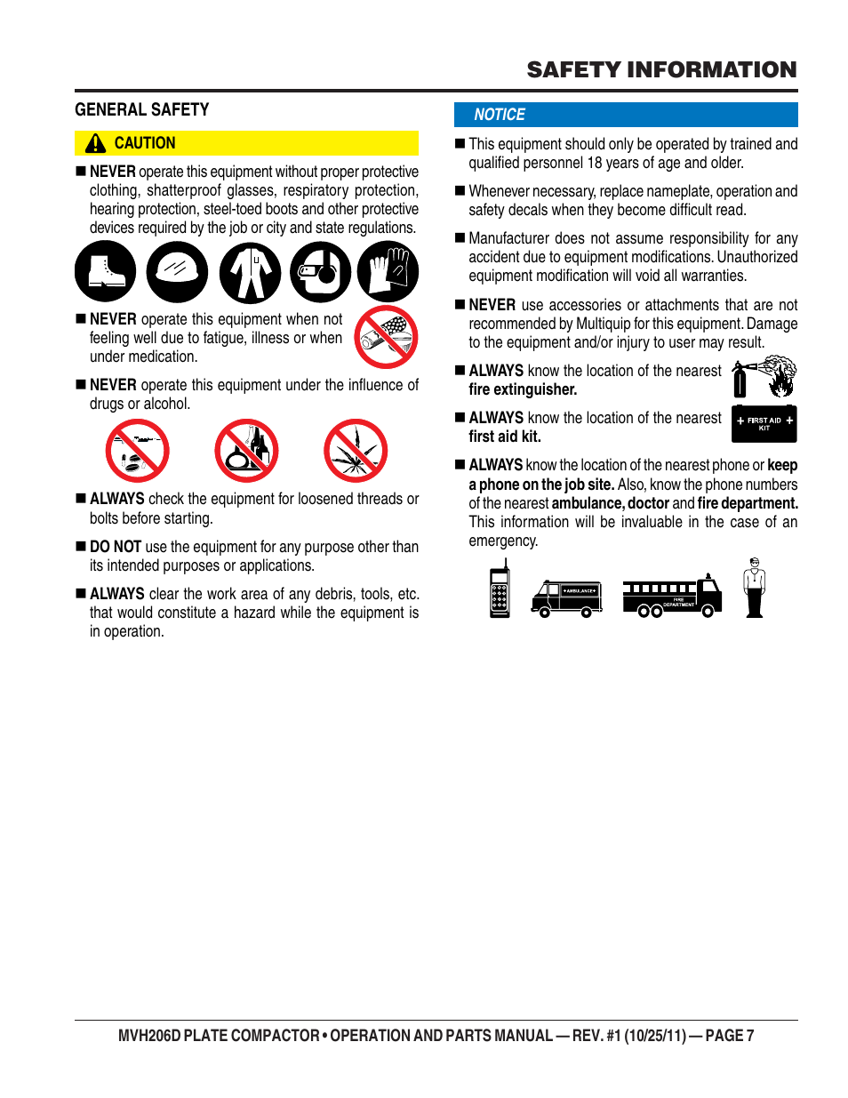 Safety information | Multiquip MVH206D User Manual | Page 7 / 72