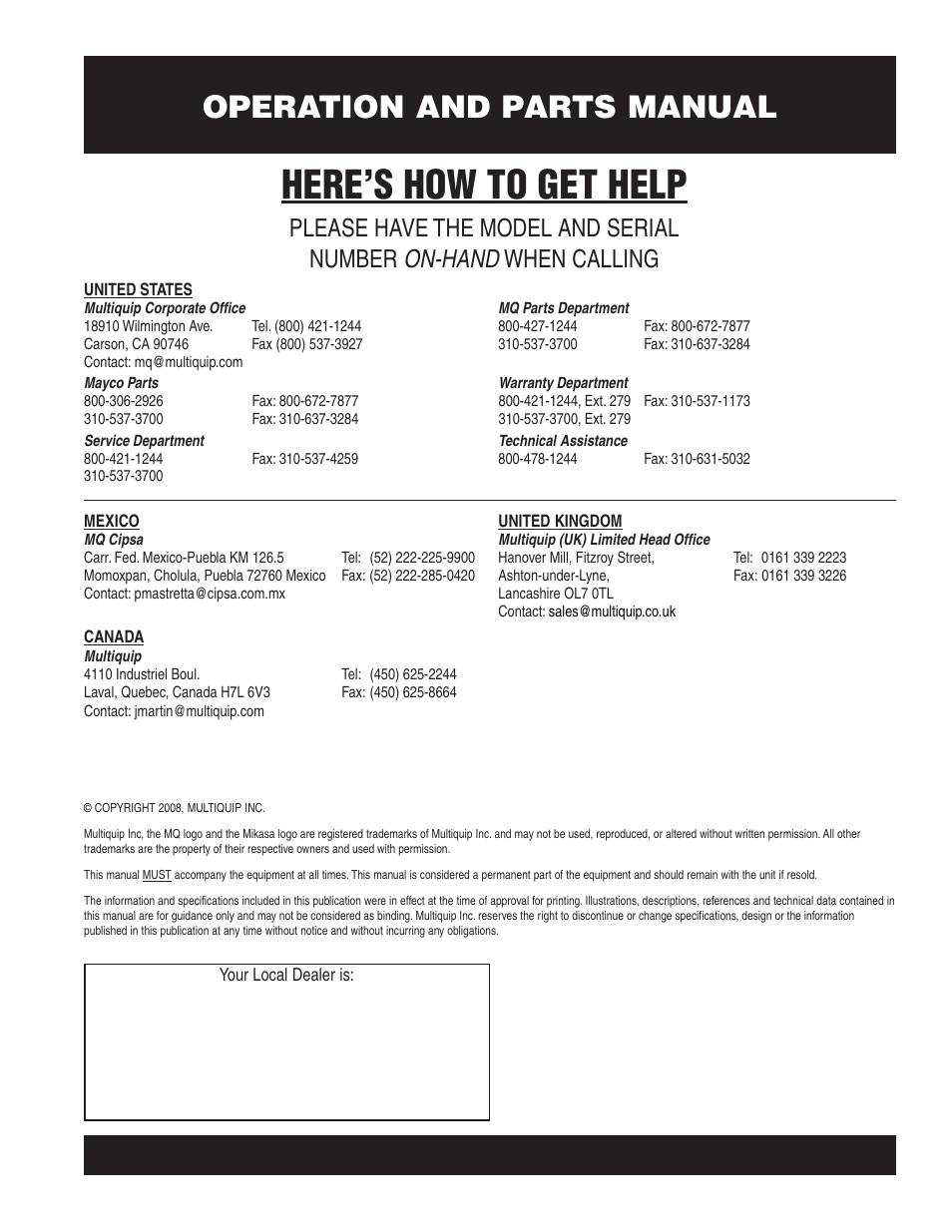 Here’s how to get help, Operation and parts manual, On-hand | Please have the model and serial number, When calling | Multiquip MVH206D User Manual | Page 72 / 72