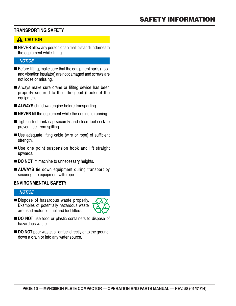 Safety information | Multiquip MVH306GH User Manual | Page 10 / 80