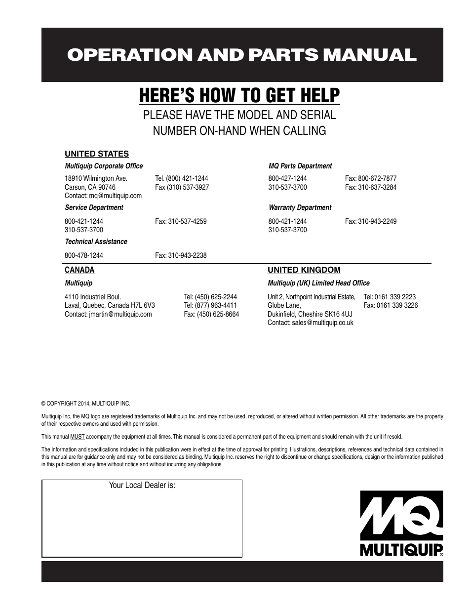 Here’s how to get help, Operation and parts manual | Multiquip MVH306GH User Manual | Page 80 / 80
