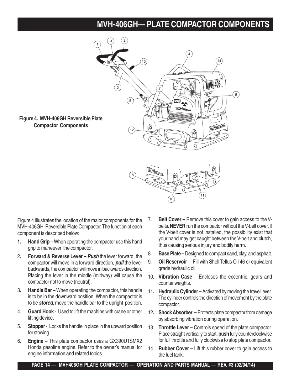 Mvh-406gh— plate compactor components, Mvh-406 | Multiquip MVH406GH User Manual | Page 14 / 78