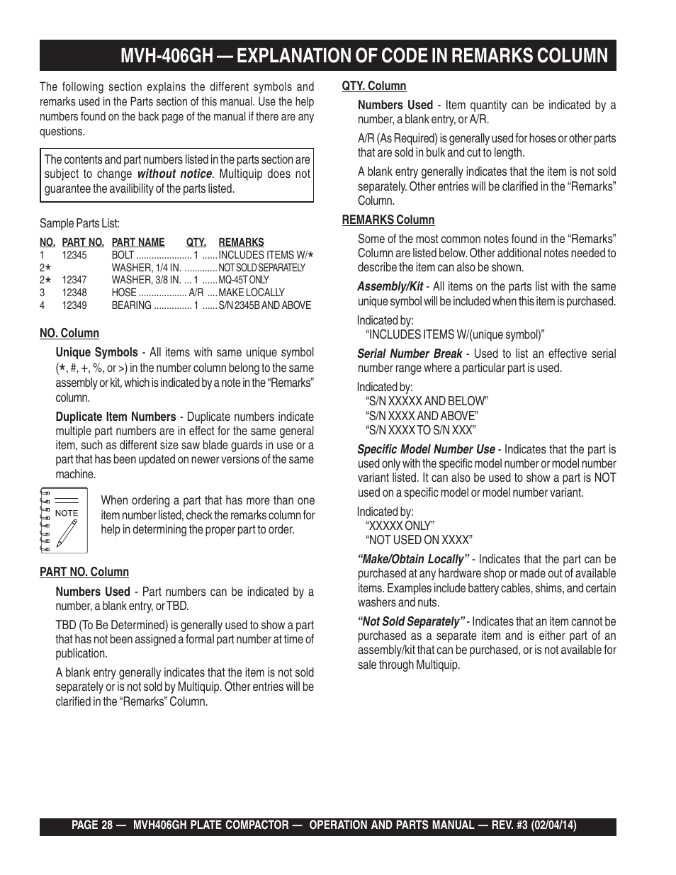 Mvh-406gh — explanation of code in remarks column | Multiquip MVH406GH User Manual | Page 28 / 78