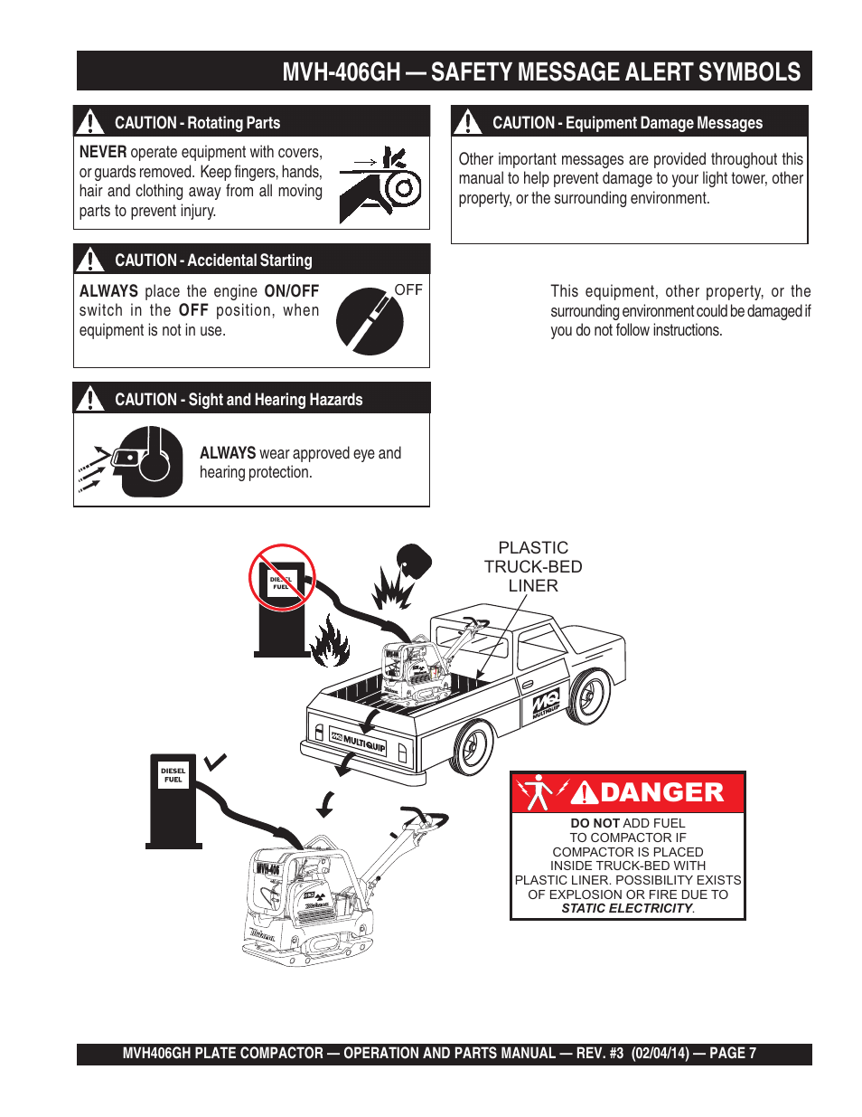 Mvh-406gh — safety message alert symbols, Danger | Multiquip MVH406GH User Manual | Page 7 / 78