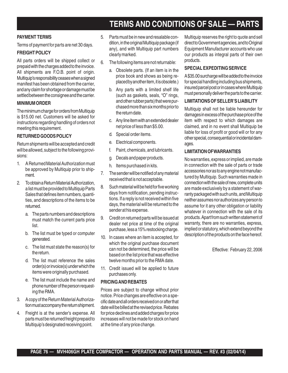 Terms and conditions of sale — parts | Multiquip MVH406GH User Manual | Page 76 / 78