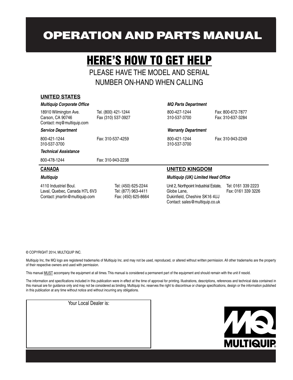 Here’s how to get help, Operation and parts manual | Multiquip MVH406GH User Manual | Page 78 / 78