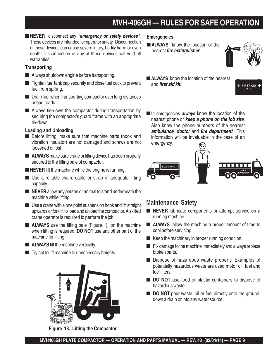 Mvh-406gh — rules for safe operation, Maintenance safety | Multiquip MVH406GH User Manual | Page 9 / 78