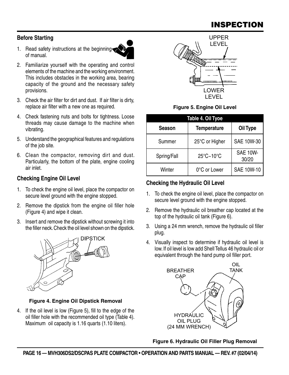 Inspection | Multiquip MVH306DSCP User Manual | Page 16 / 80