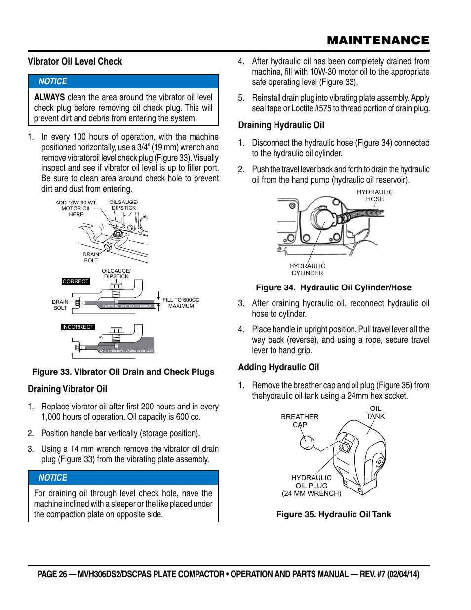 Maintenance, Vibrator oil level check, Draining vibrator oil | Draining hydraulic oil, Adding hydraulic oil | Multiquip MVH306DSCP User Manual | Page 26 / 80
