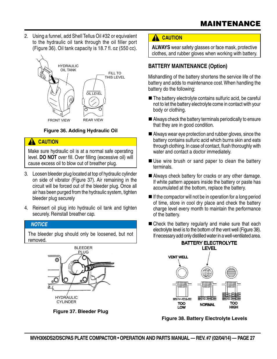 Maintenance, Battery maintenance (option) | Multiquip MVH306DSCP User Manual | Page 27 / 80