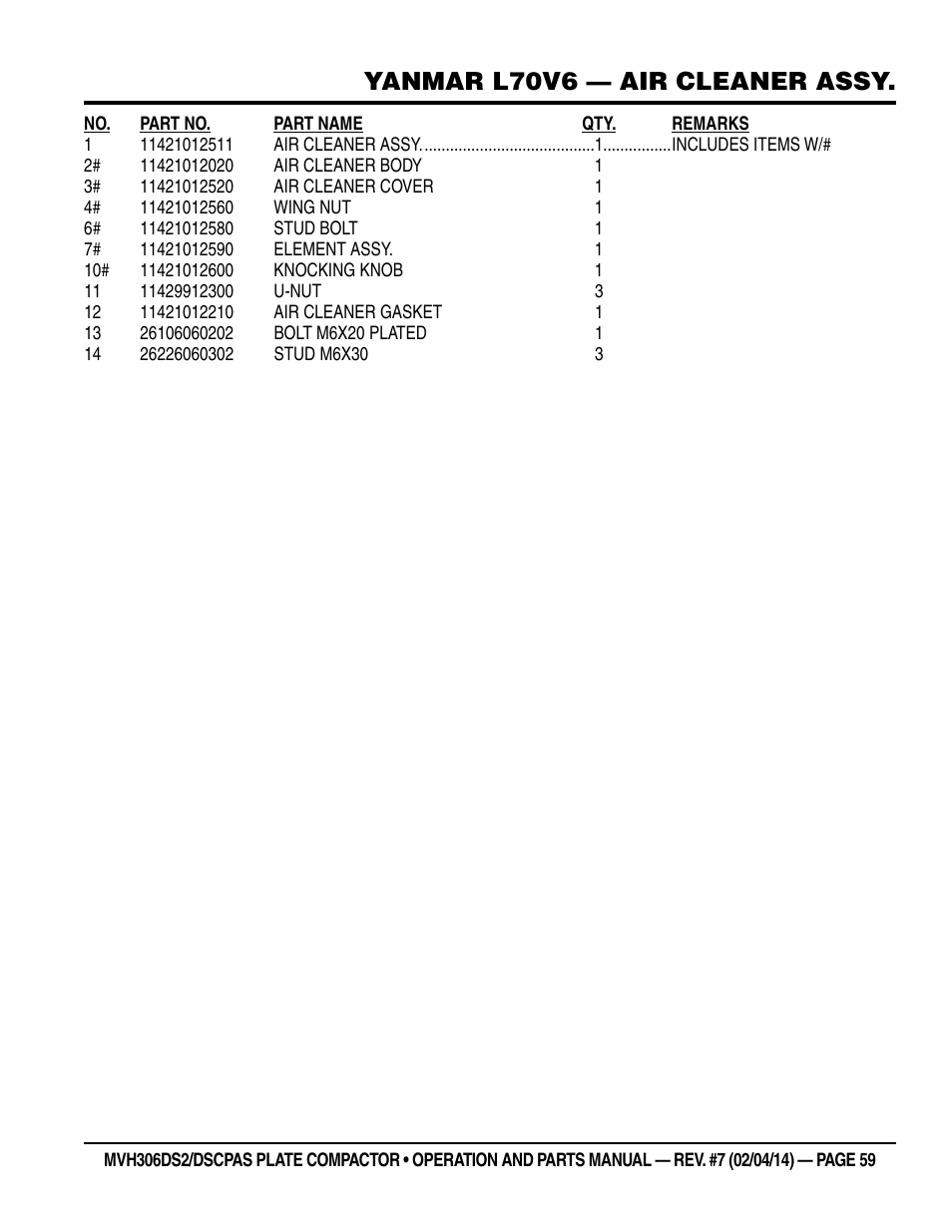 Yanmar l70v6 — air cleaner assy | Multiquip MVH306DSCP User Manual | Page 59 / 80