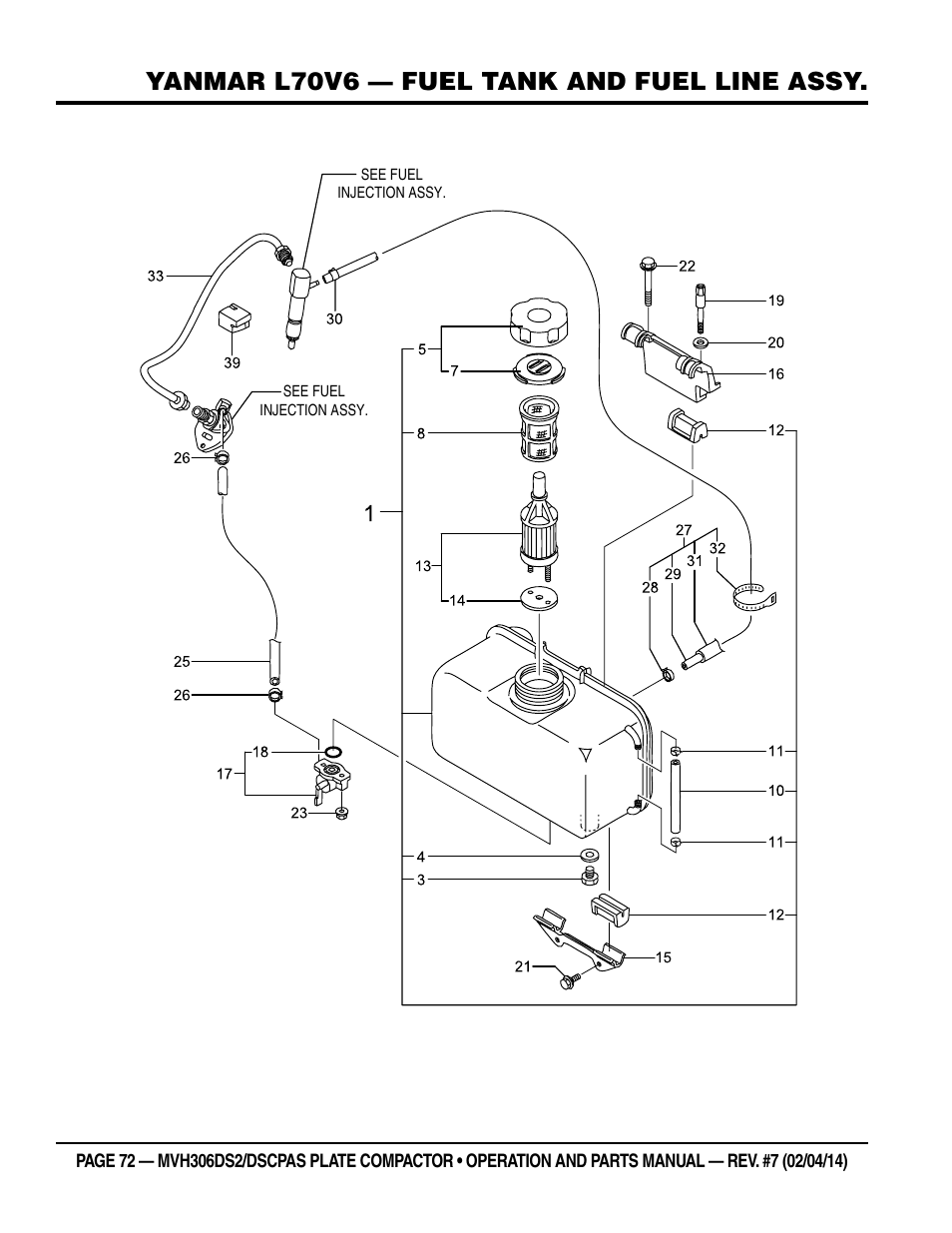 Yanmar l70v6 — fuel tank and fuel line assy | Multiquip MVH306DSCP User Manual | Page 72 / 80