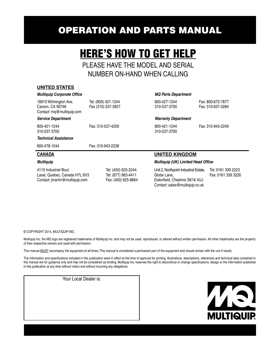 Here’s how to get help, Operation and parts manual | Multiquip MVH306DSCP User Manual | Page 80 / 80