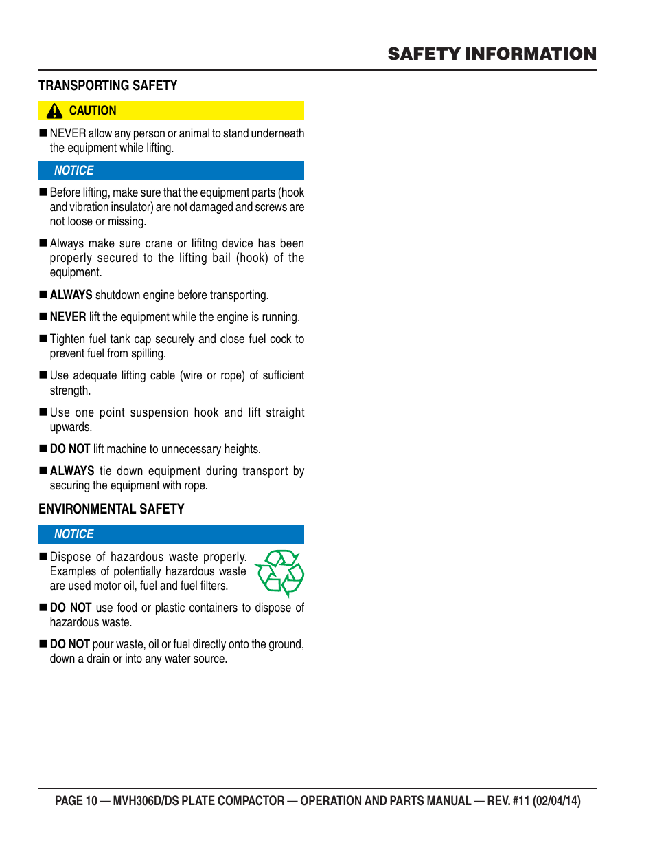 Safety information | Multiquip MVH306DS User Manual | Page 10 / 74