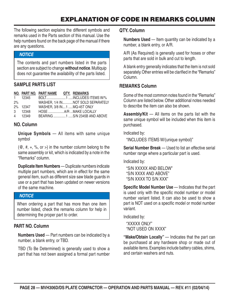 Explanation of code in remarks column | Multiquip MVH306DS User Manual | Page 28 / 74