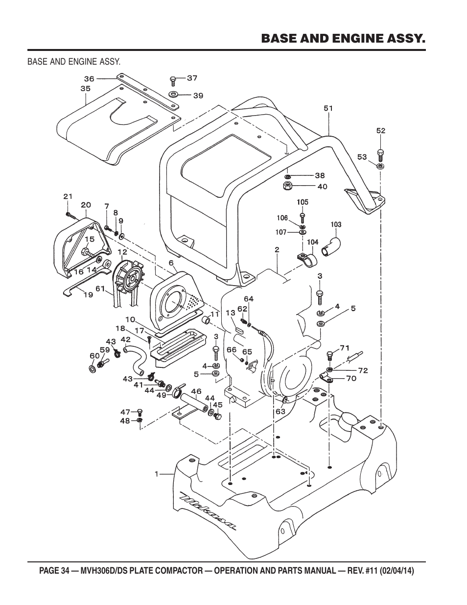 Base and engine assy | Multiquip MVH306DS User Manual | Page 34 / 74