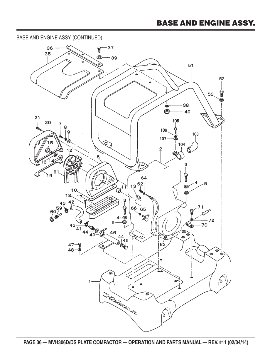 Base and engine assy | Multiquip MVH306DS User Manual | Page 36 / 74