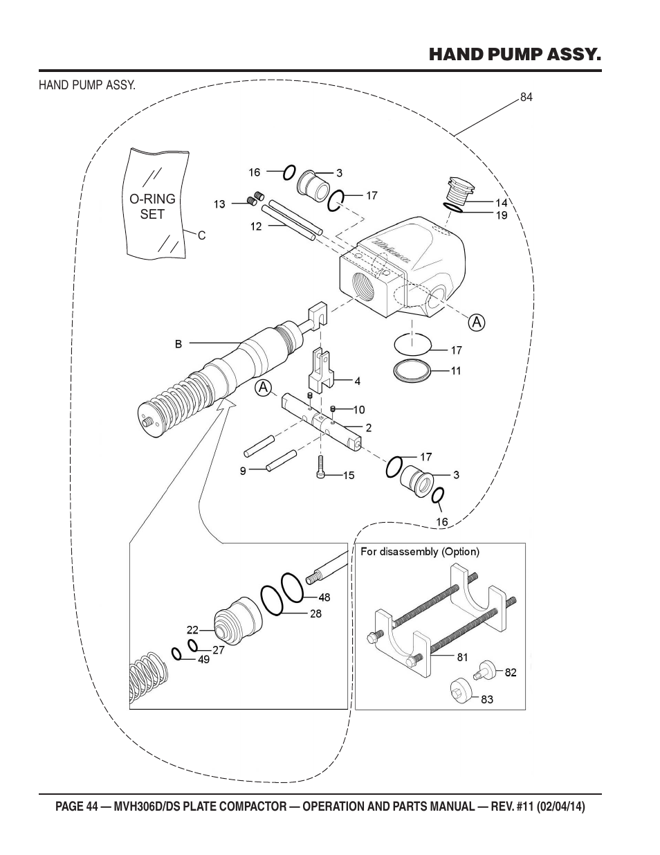 Hand pump assy | Multiquip MVH306DS User Manual | Page 44 / 74