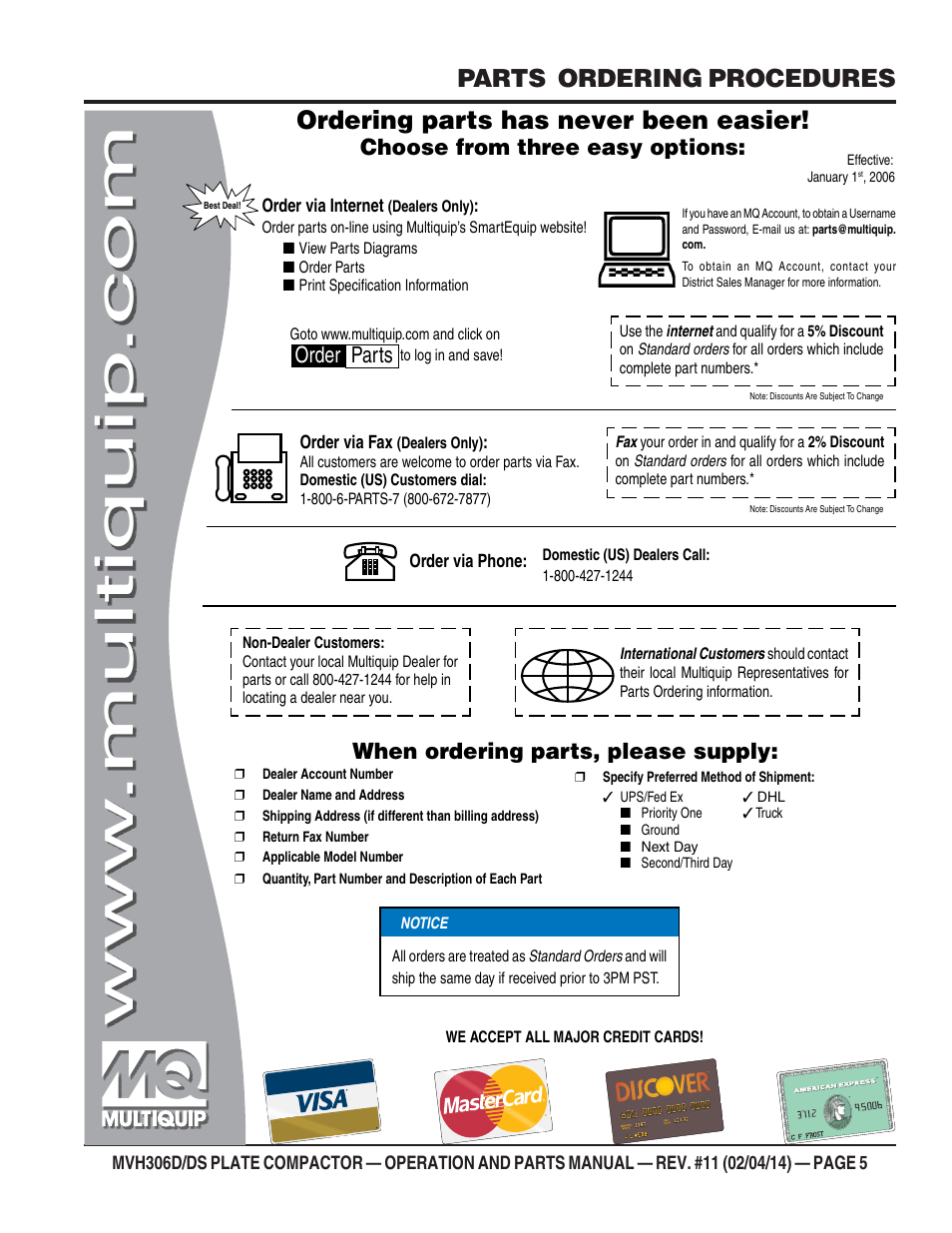 Ordering parts has never been easier, Parts ordering procedures, Choose from three easy options | When ordering parts, please supply, Order parts | Multiquip MVH306DS User Manual | Page 5 / 74