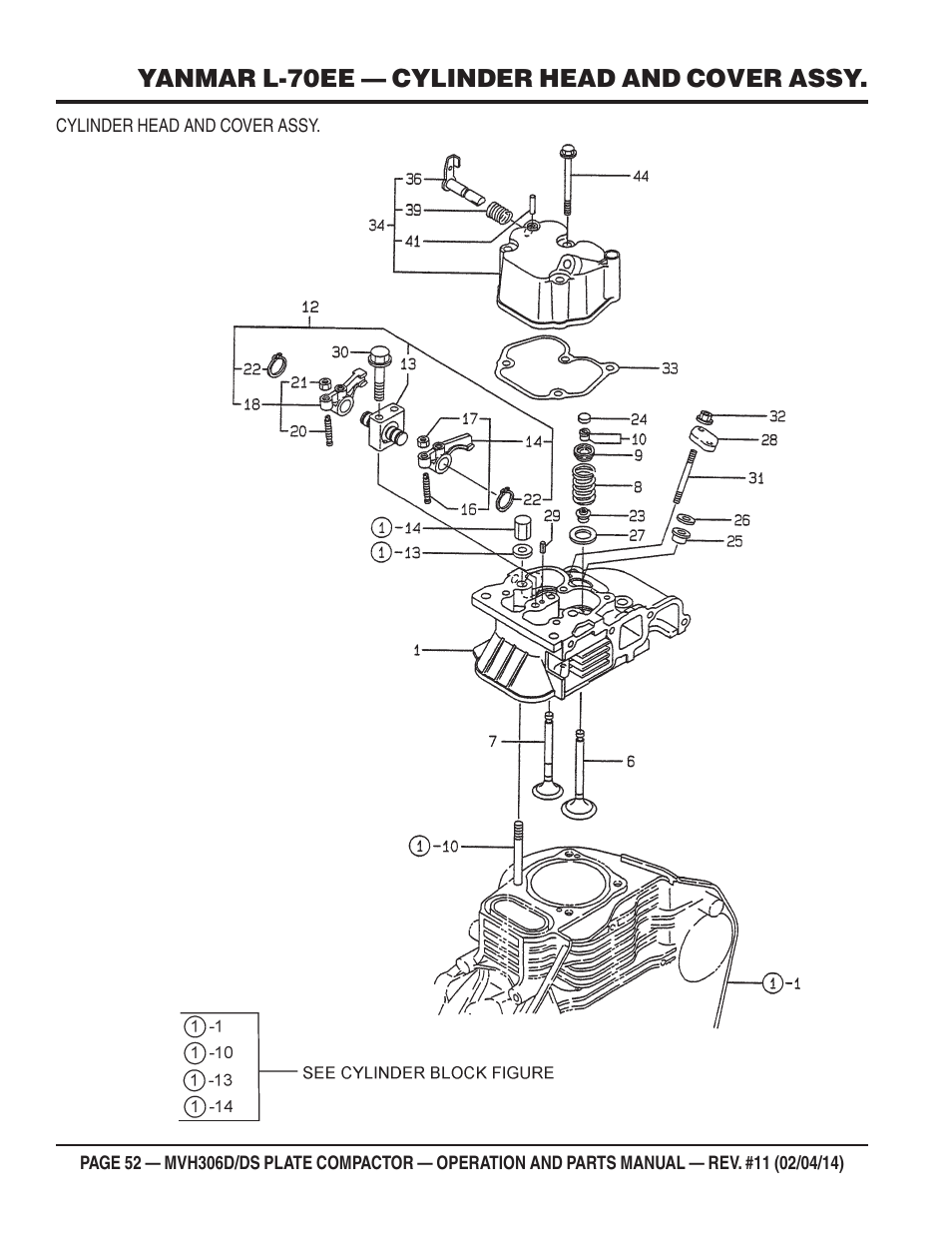 Yanmar l-70ee — cylinder head and cover assy | Multiquip MVH306DS User Manual | Page 52 / 74