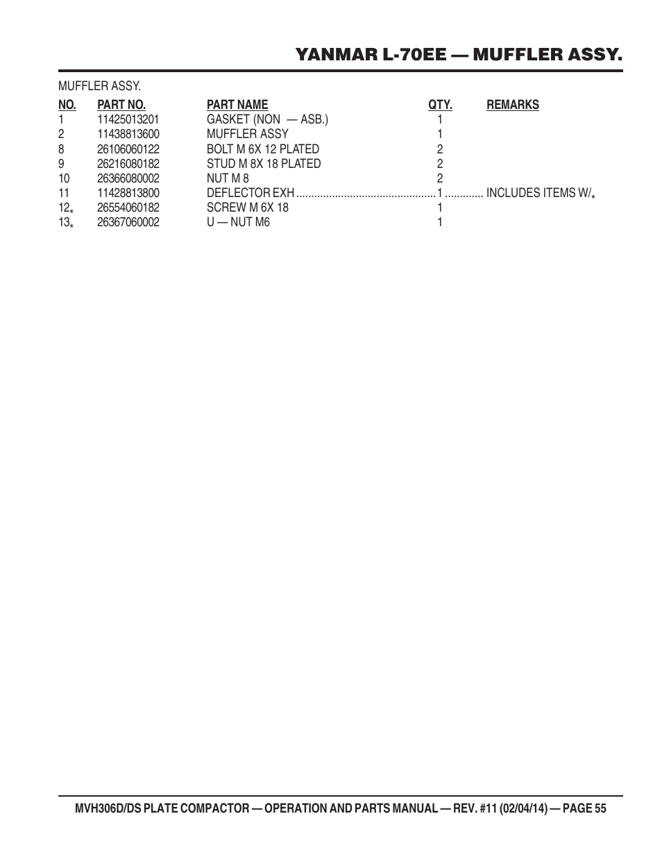 Yanmar l-70ee — muffler assy | Multiquip MVH306DS User Manual | Page 55 / 74