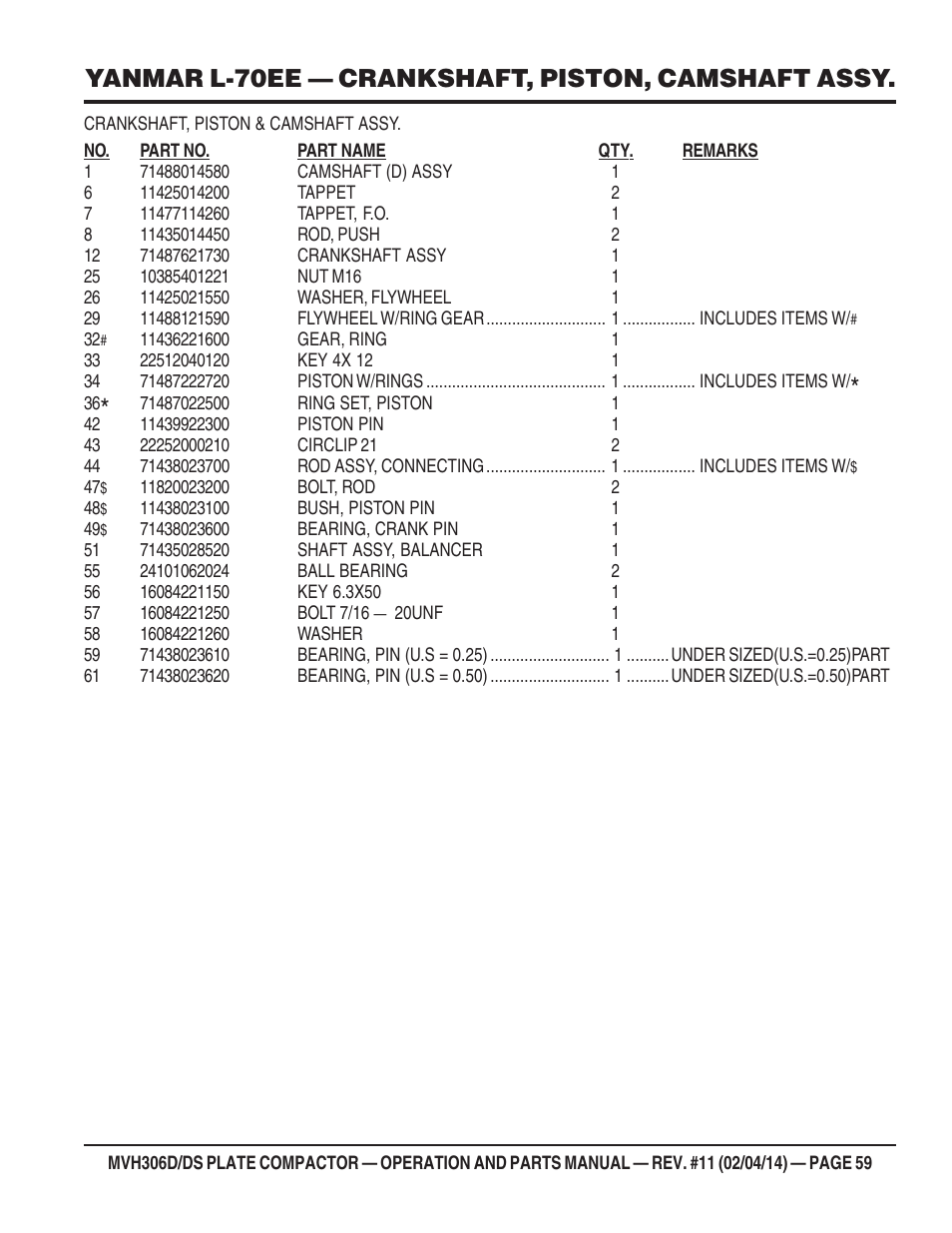 Yanmar l-70ee — crankshaft, piston, camshaft assy | Multiquip MVH306DS User Manual | Page 59 / 74