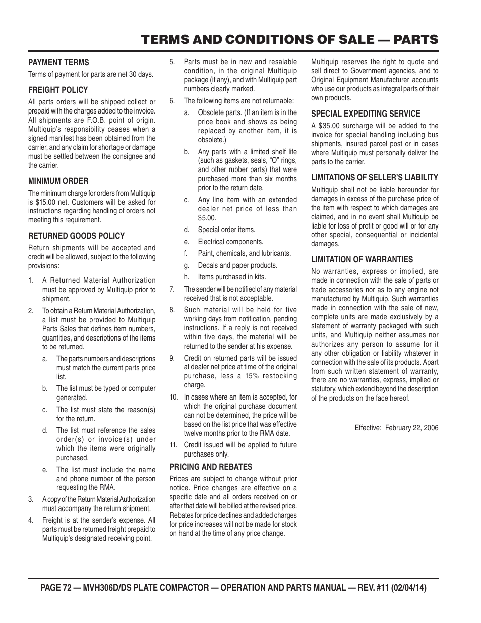 Terms and conditions of sale — parts | Multiquip MVH306DS User Manual | Page 72 / 74
