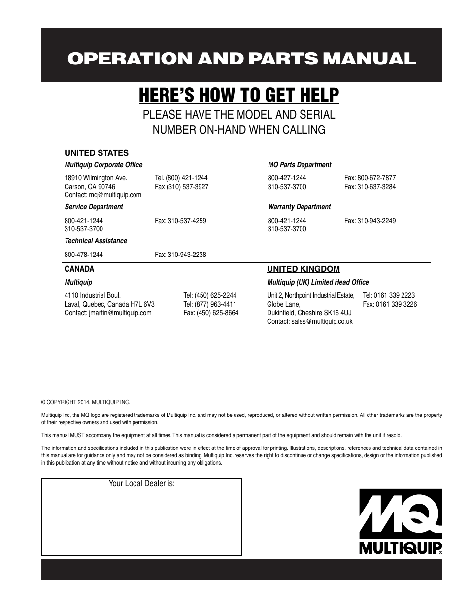 Here’s how to get help, Operation and parts manual | Multiquip MVH306DS User Manual | Page 74 / 74