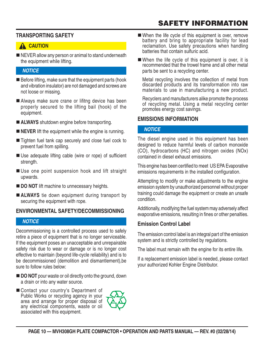 Safety information | Multiquip MVH308GH User Manual | Page 10 / 86