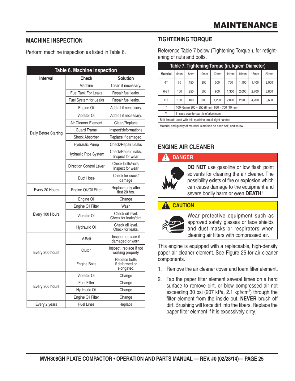 Maintenance, Machine inspection, Tightening torque | Engine air cleaner | Multiquip MVH308GH User Manual | Page 25 / 86