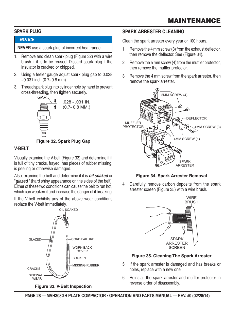 Maintenance, Spark plug, V-belt | Spark arrester cleaning | Multiquip MVH308GH User Manual | Page 28 / 86