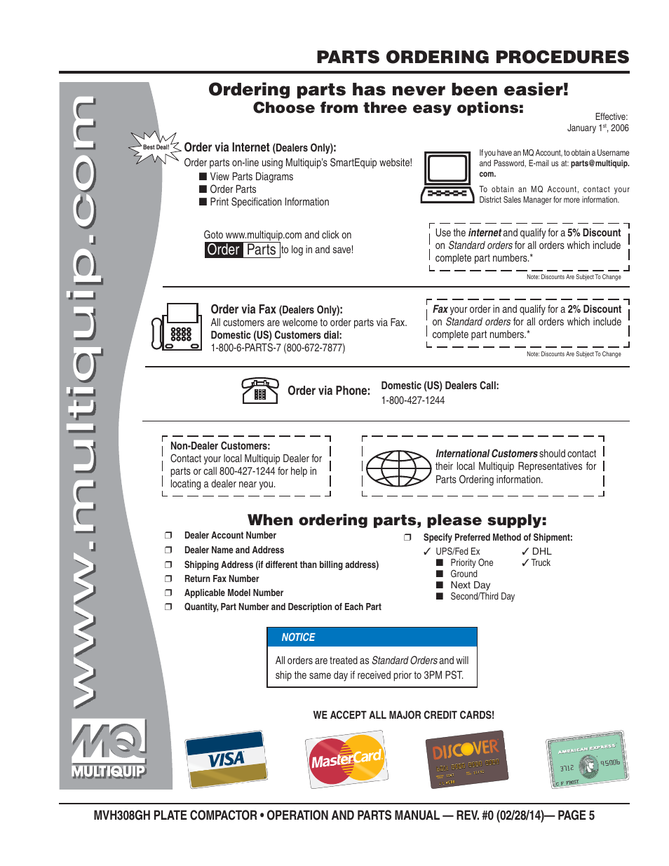 Parts ordering procedures, Ordering parts has never been easier, Choose from three easy options | When ordering parts, please supply, Order parts | Multiquip MVH308GH User Manual | Page 5 / 86