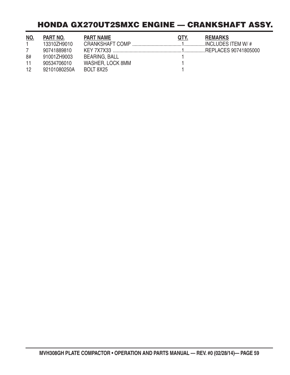 Honda gx270ut2smxc engine — crankshaft assy | Multiquip MVH308GH User Manual | Page 59 / 86