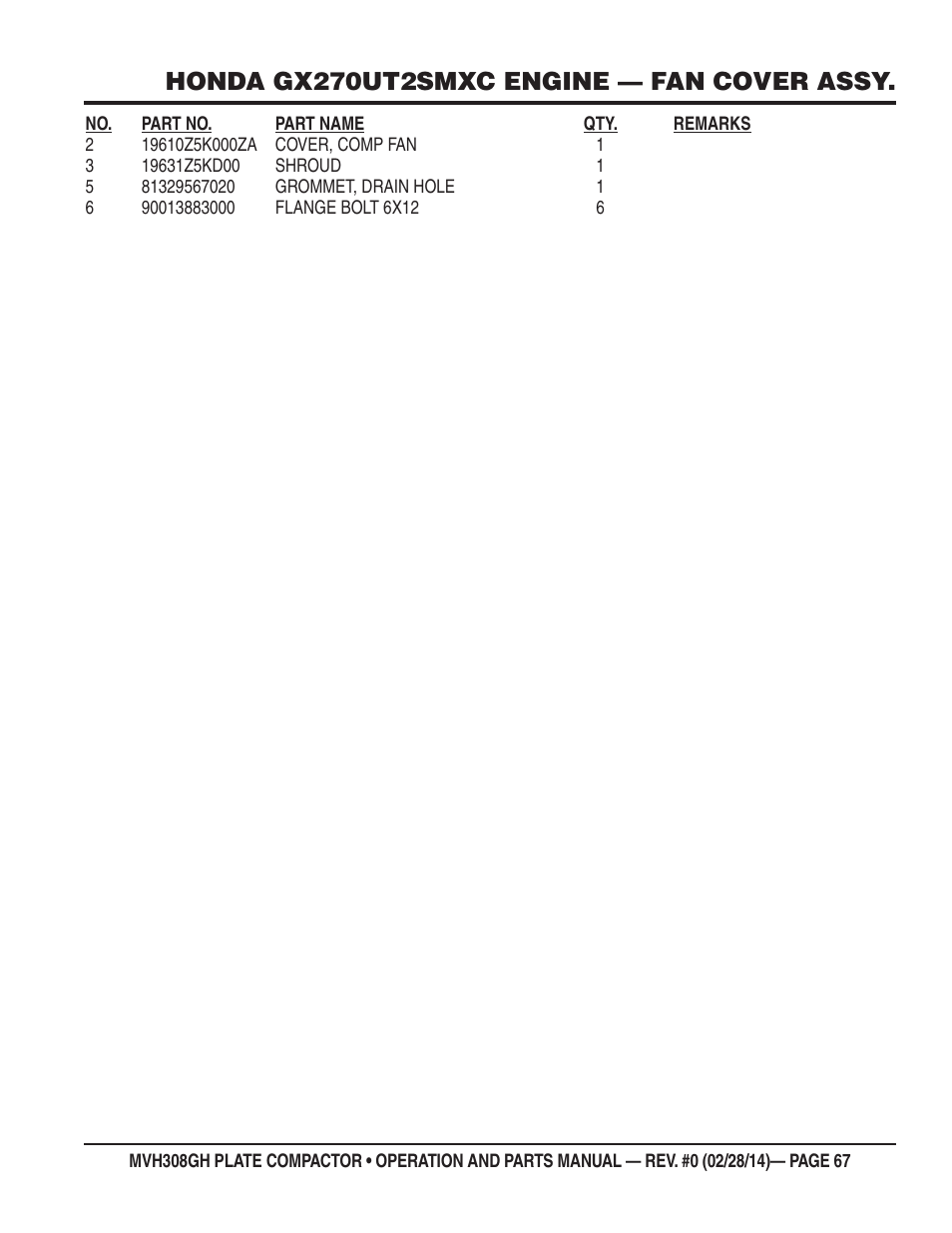 Honda gx270ut2smxc engine — fan cover assy | Multiquip MVH308GH User Manual | Page 67 / 86