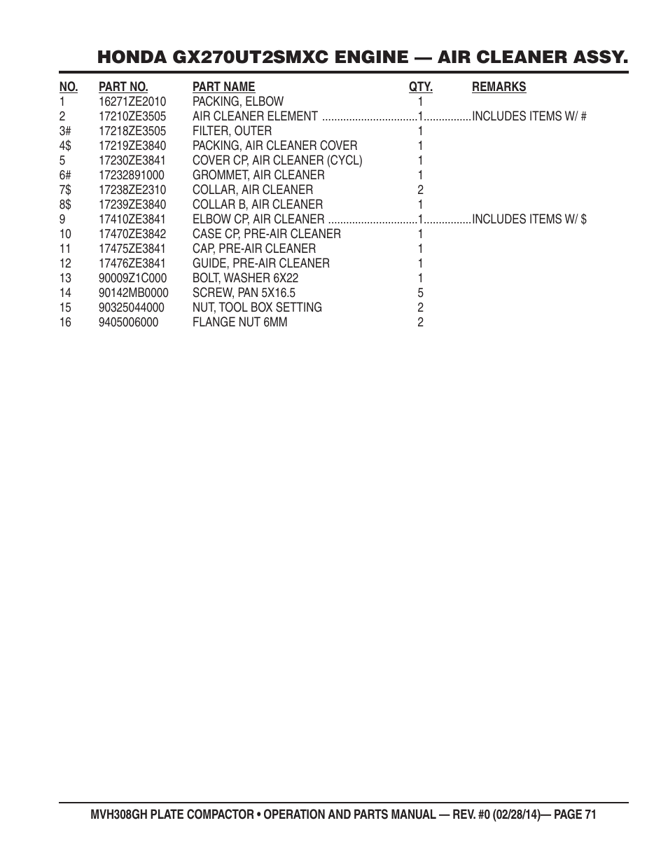 Honda gx270ut2smxc engine — air cleaner assy | Multiquip MVH308GH User Manual | Page 71 / 86
