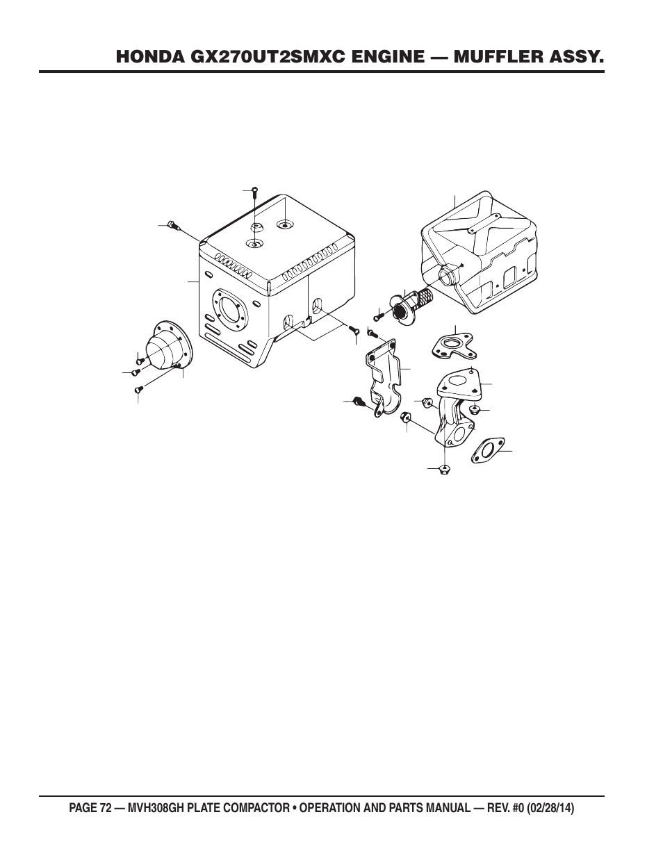 Honda gx270ut2smxc engine — muffler assy | Multiquip MVH308GH User Manual | Page 72 / 86
