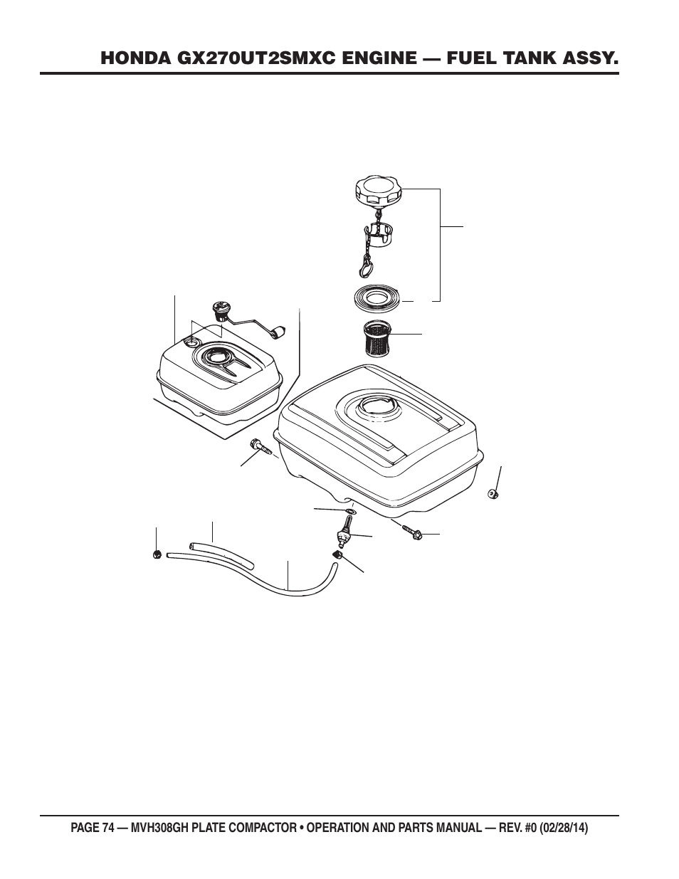 Honda gx270ut2smxc engine — fuel tank assy | Multiquip MVH308GH User Manual | Page 74 / 86